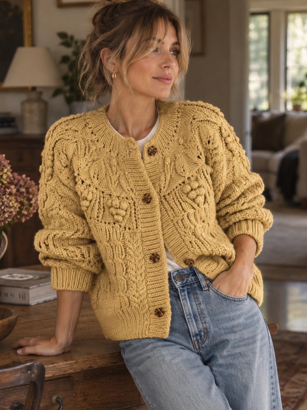 Vintage Alfred Sung Sport Botanical Cable Knit Cardigan – Mustard S